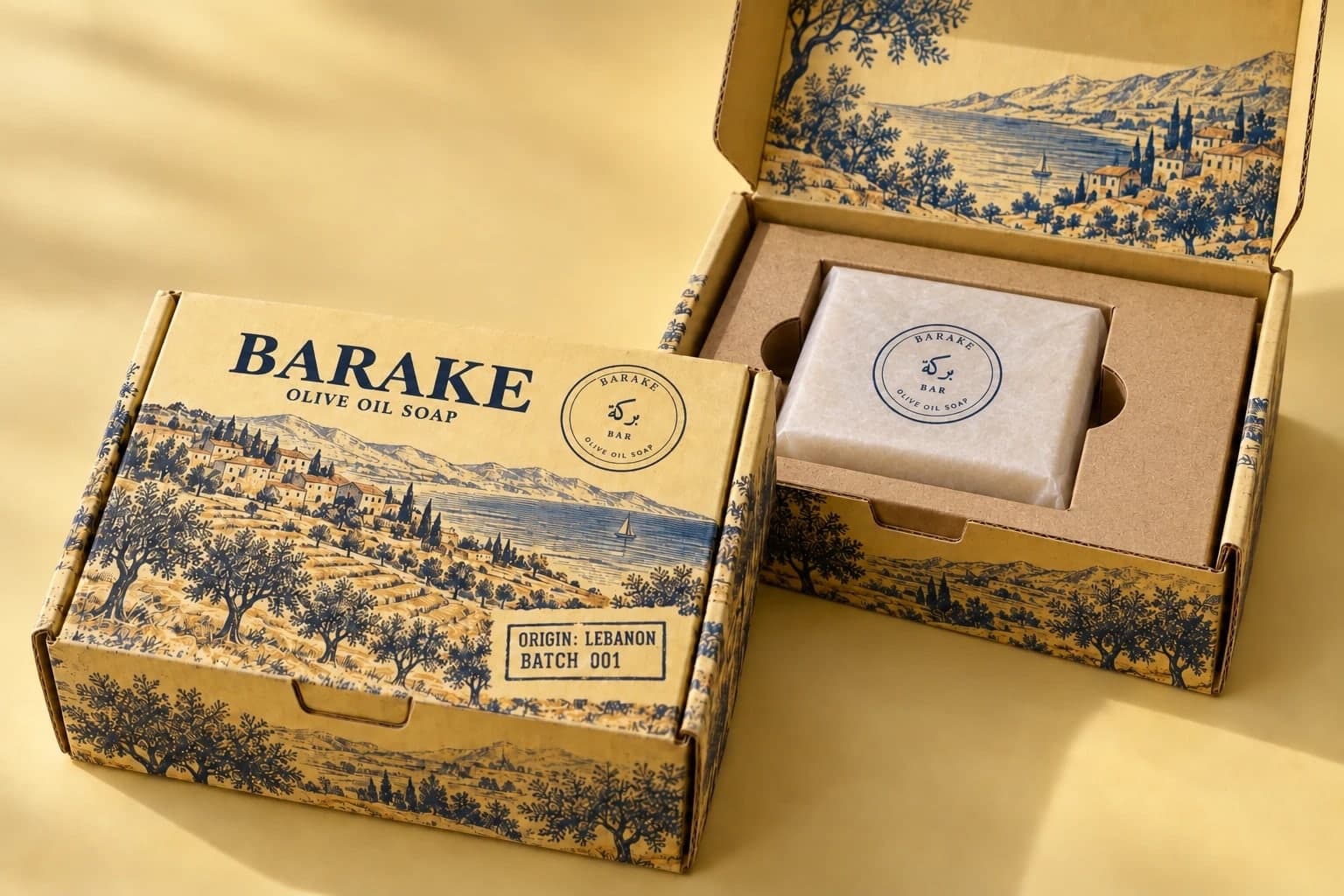 The Baraké box, kraft card printed in blue with olive trees, hills and the sea, open to show one square bar in its paper wrap, stamped with the Baraké seal.